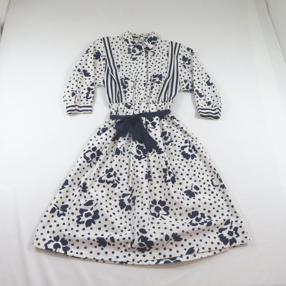 REO Originals Dress, Union Made White Blue Dots Floral Cotton Bodice Sz 14 1980s